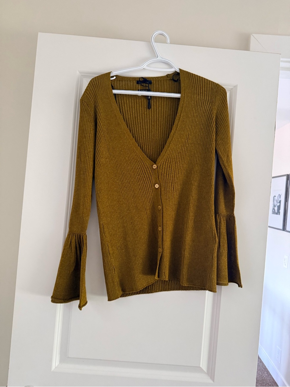 Massimo Dutti Mustard Ribbed V-Neck Button Cardigan